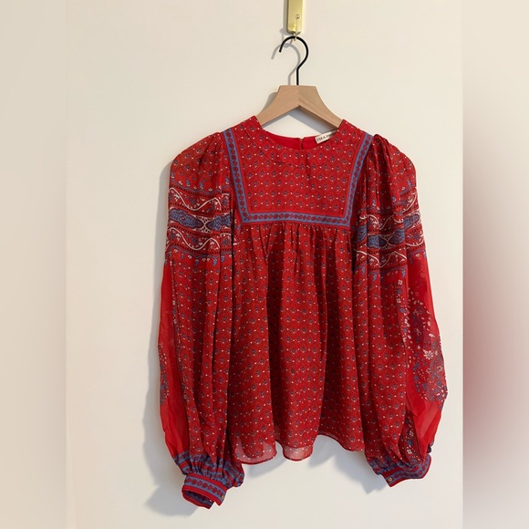 Ulla Johnson Red Blue Floral Paisley Silk Bohemian Blouse Size 0-2 - Picture 3 of 9